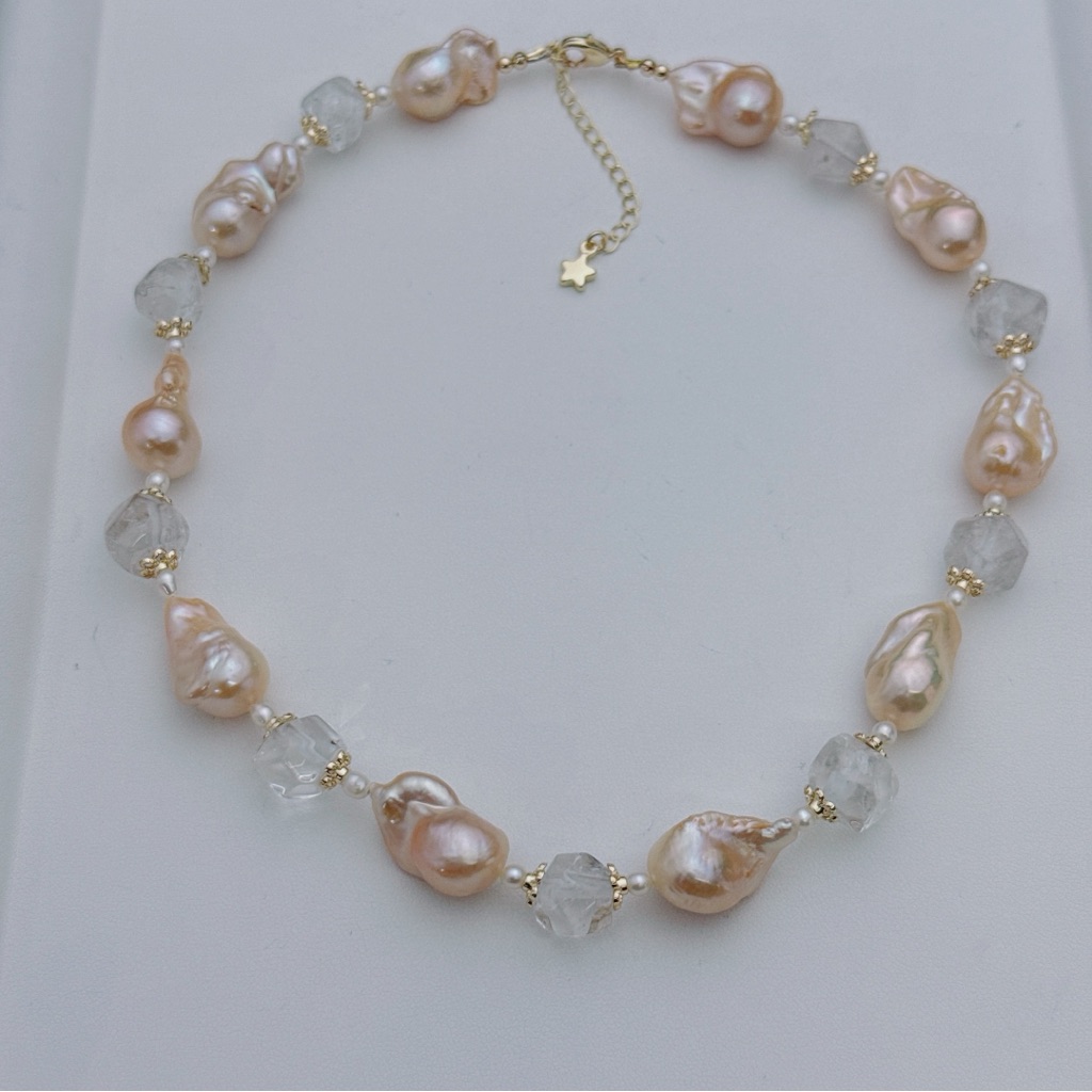 X741 Handmade Small Flame Ball Freshwater Baroque Pearl Clear Quartz Necklace 81$